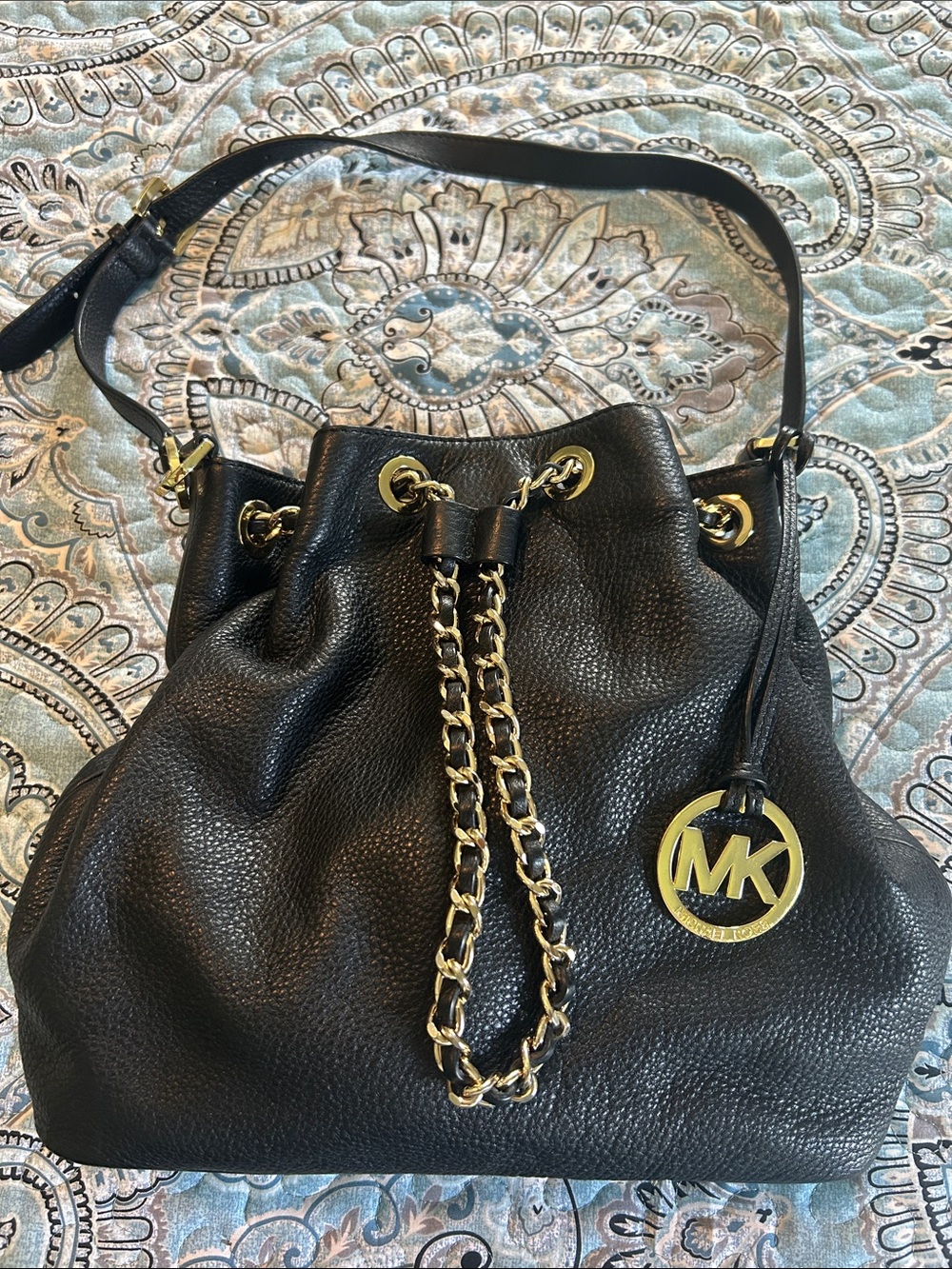 Michael Kors Black Pebbled Leather Drawstring Bucket Bag with Gold Hardware